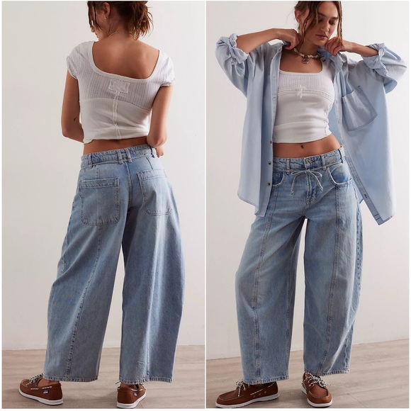 Free People We The Free Ellipse Barrel Wide Leg Light Wash Women’s Jeans Sz 28 S